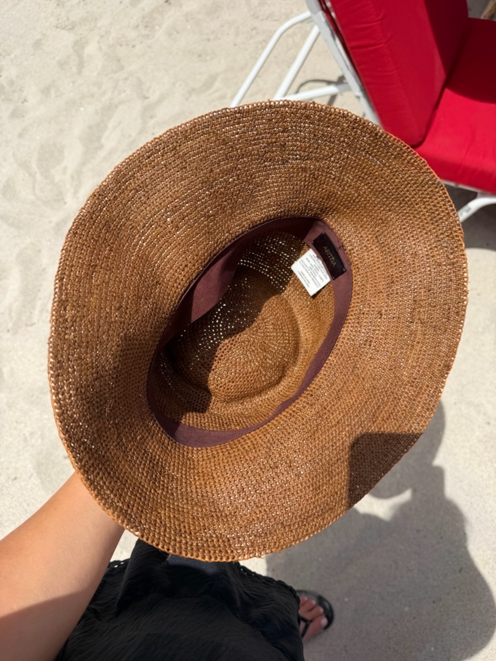 Aritzia Brown Woven Straw Hat with Maroon Sweatband